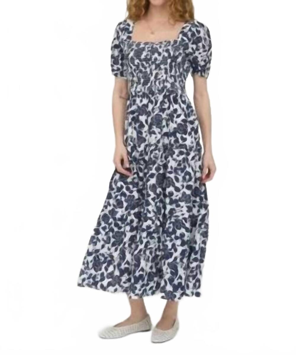 NEW AUGUST SKY floral puff sleeve smocked tiered midi dress in black multi